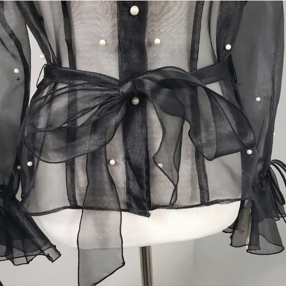 Joseph Ribkoff Black Sheer Organza Blouse Faux Pearls Bell Sleeve Tie Waist NWT4 - Picture 7 of 13